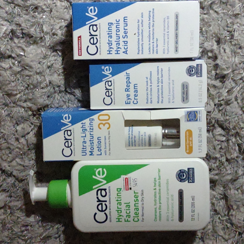 (4) CERAVE SPF 30 DAY CREAM, Hyaluronic SERUM, CLEANSER, EYE CREAM